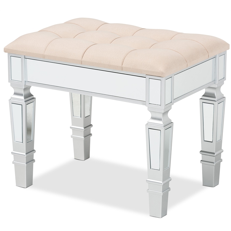 Baxton Studio Hedia Beige Fabric Upholstered and Silver Finished Wood Ottoman