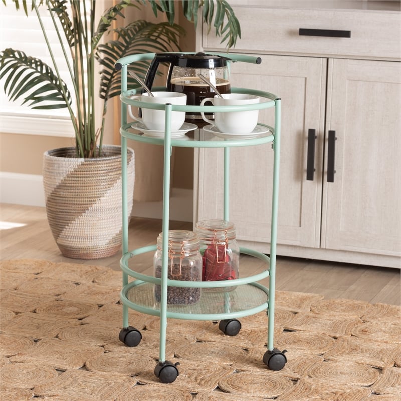 Baxton Studio Newell Mid-Century Modern Green Finished Metal 2-Tier Kitchen Cart