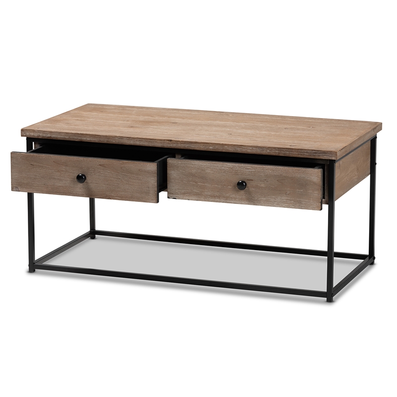 Baxton Studio Roderick Oak Finished Wood and Black Metal 2-Drawer Coffee Table