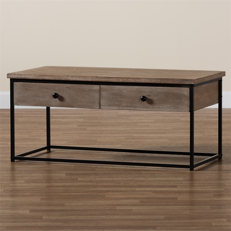 Baxton Studio Roderick Oak Finished Wood and Black Metal 2-Drawer Coffee Table
