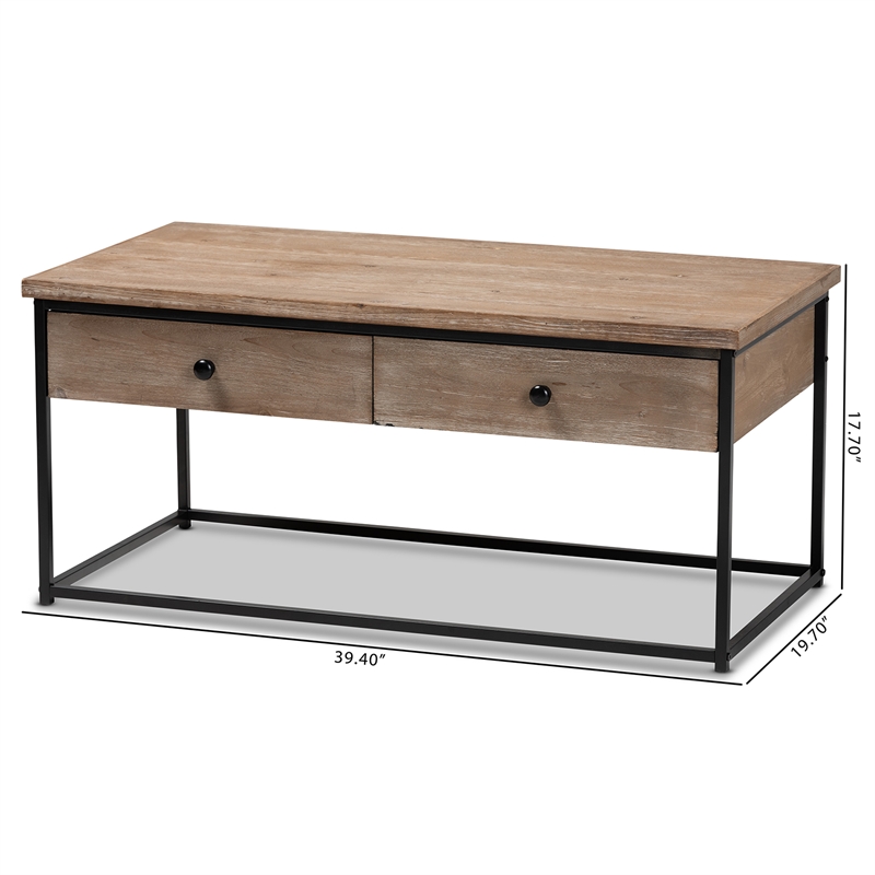 Baxton Studio Roderick Oak Finished Wood and Black Metal 2-Drawer Coffee Table