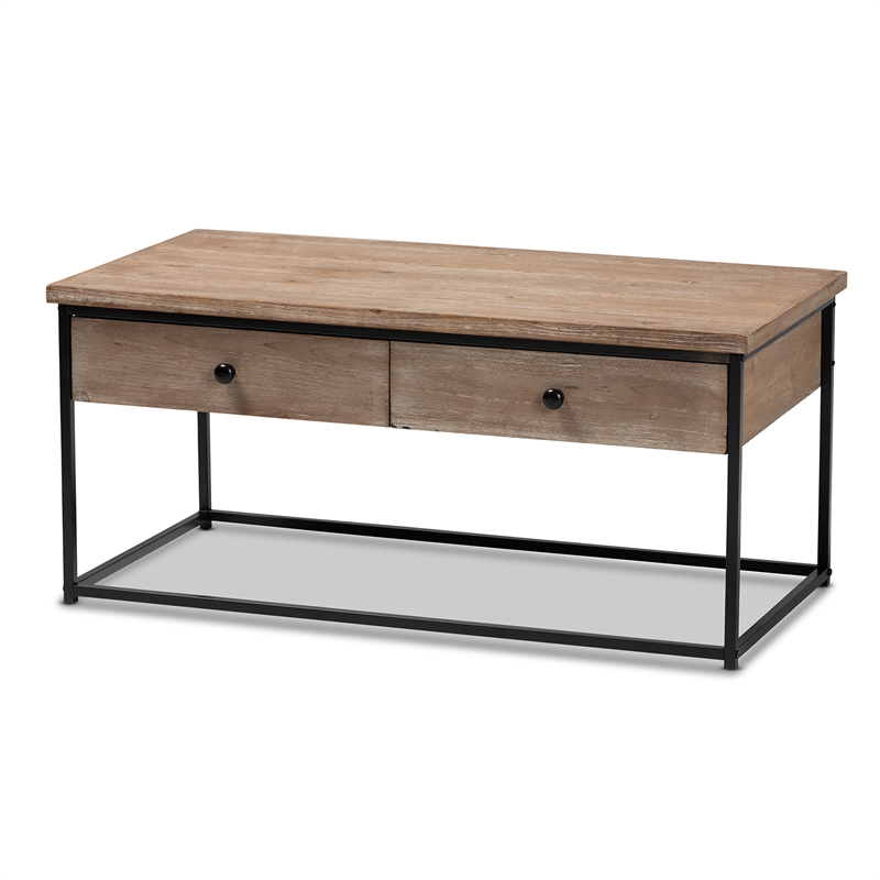 Baxton Studio Roderick Oak Finished Wood and Black Metal 2-Drawer Coffee Table