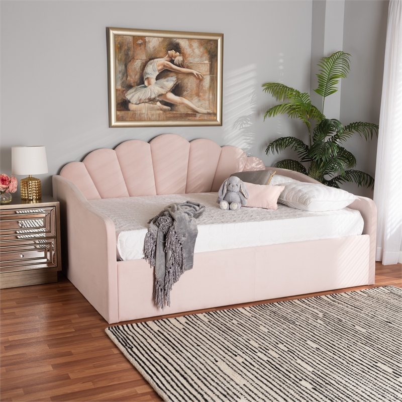 Baxton Studio Timila Light Pink Velvet Fabric Upholstered Queen Size Daybed