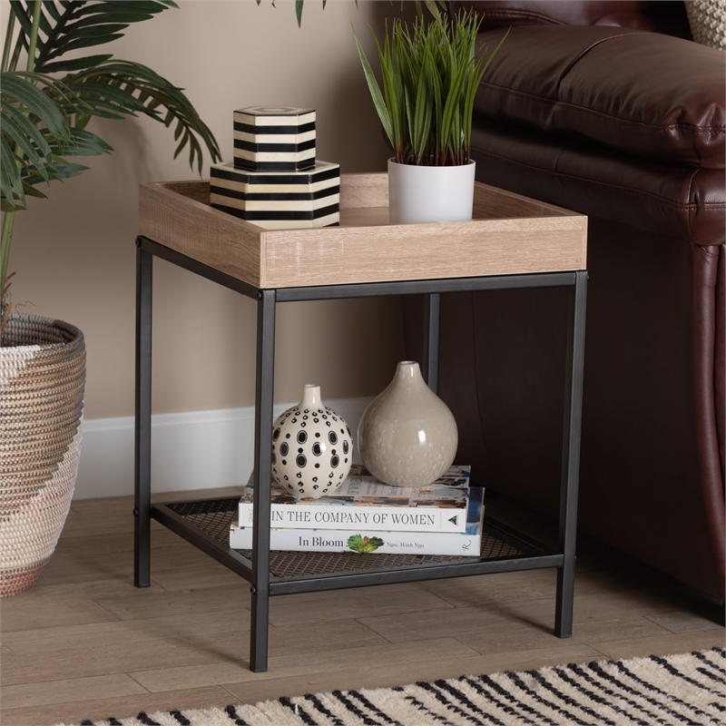 Baxton Studio Overton Oak Brown Finished Wood and Black Metal End Table