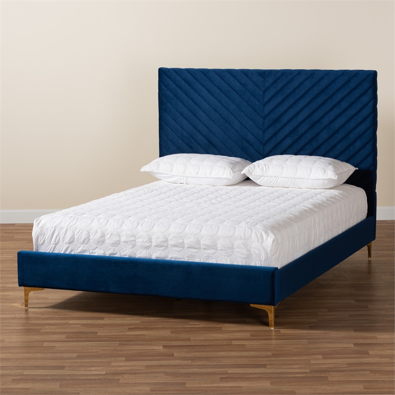 Baxton Studio Fabrico Blue Velvet Fabric and Gold Metal Queen Size Platform Bed