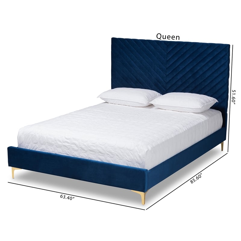 Baxton Studio Fabrico Blue Velvet Fabric and Gold Metal Queen Size Platform Bed
