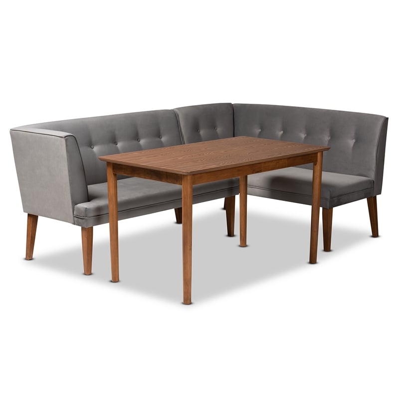 Baxton Studio Stewart Gray Velvet and Brown Wood 3-Piece Dining Nook Set
