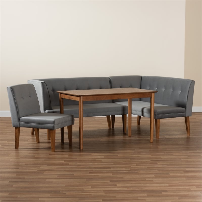 Baxton Studio Stewart Gray Velvet and Brown Wood 4-Piece Dining Nook Set