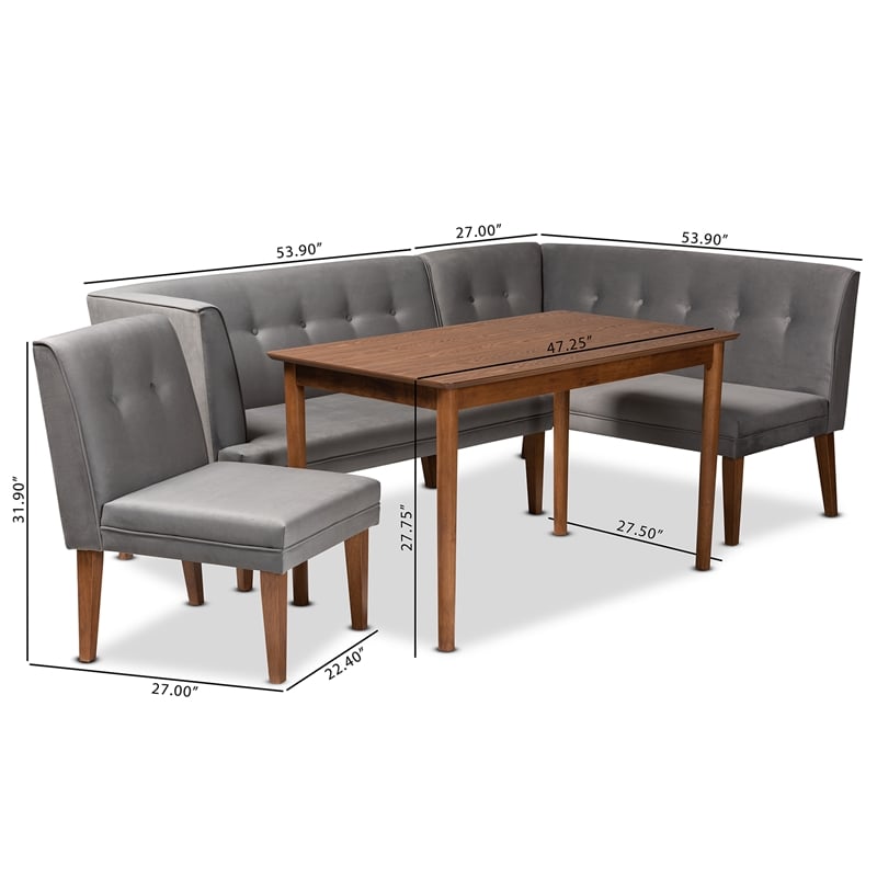 Baxton Studio Stewart Gray Velvet and Brown Wood 4-Piece Dining Nook Set