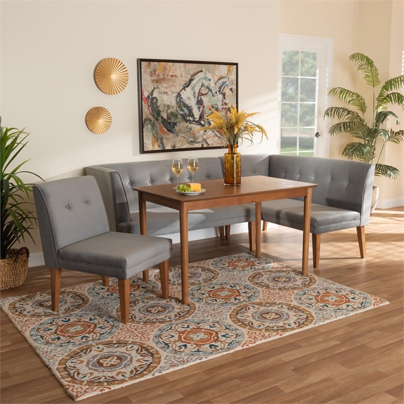 Baxton Studio Stewart Gray Velvet and Brown Wood 4-Piece Dining Nook Set