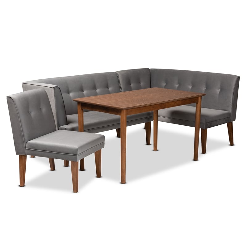 Baxton Studio Stewart Gray Velvet and Brown Wood 4-Piece Dining Nook Set