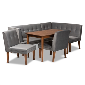 Baxton Studio Stewart Gray Velvet Upholstered and Brown Wood 5-Piece Dining Set