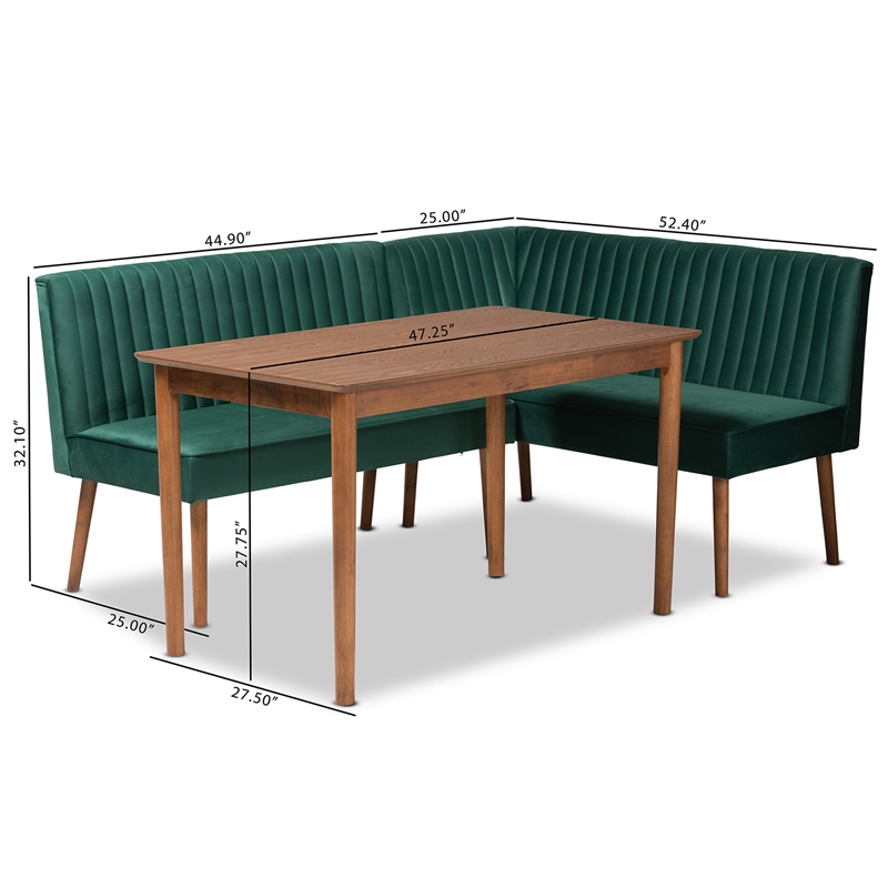 Baxton Studio Alvis Green Velvet and Brown Wood 3-Piece Dining Nook Set