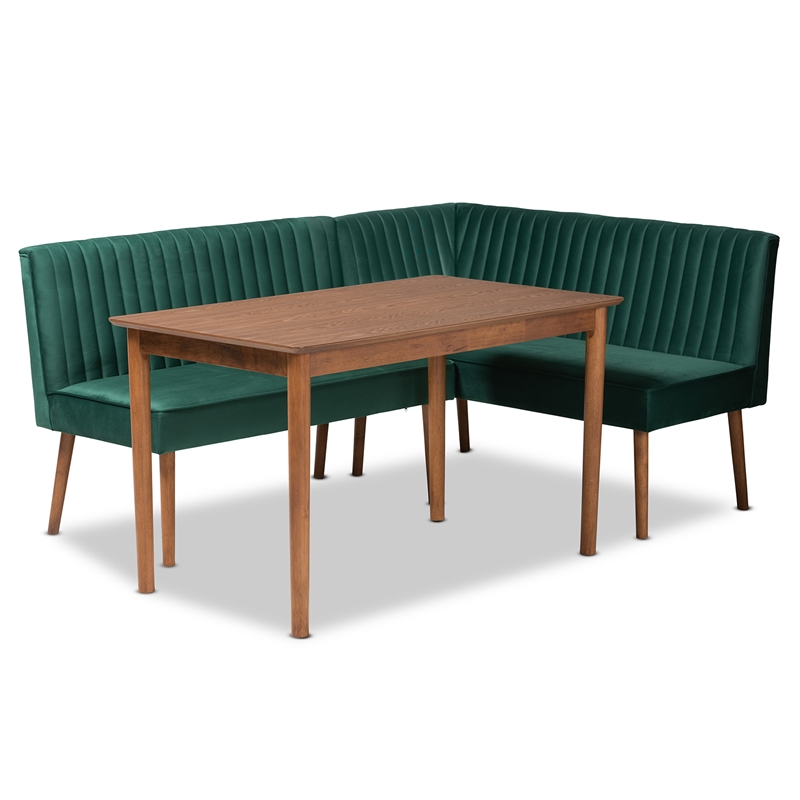 Baxton Studio Alvis Green Velvet and Brown Wood 3-Piece Dining Nook Set