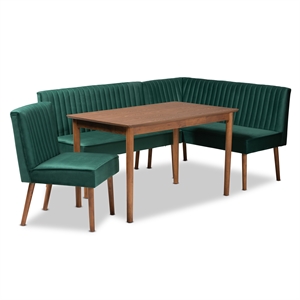 Baxton Studio Alvis Green Velvet and Brown Wood 4-Piece Dining Nook Set