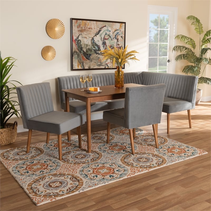 Baxton Studio Alvis Gray Velvet and Brown Wood 5-Piece Dining Nook Set