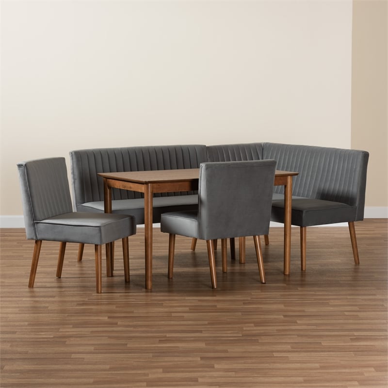 Baxton Studio Alvis Gray Velvet and Brown Wood 5-Piece Dining Nook Set