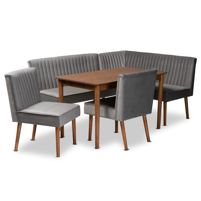 Baxton Studio Alvis Gray Velvet and Brown Wood 5-Piece Dining Nook Set