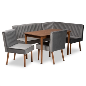 Baxton Studio Alvis Gray Velvet and Brown Wood 5-Piece Dining Nook Set