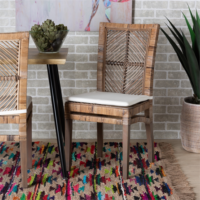 Baxton Studio Laluna Gray Natural Rattan and Mahogany Dining Chair with Cushion