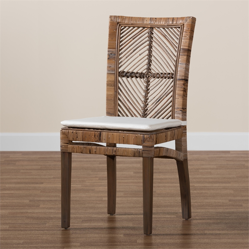 Baxton Studio Laluna Gray Natural Rattan and Mahogany Dining Chair with Cushion