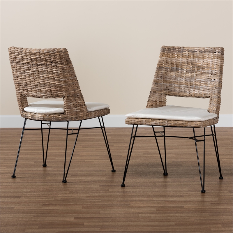 Baxton Studio Nafaro Gray Rattan Metal Dining Chair with Cushion 2-Piece Set