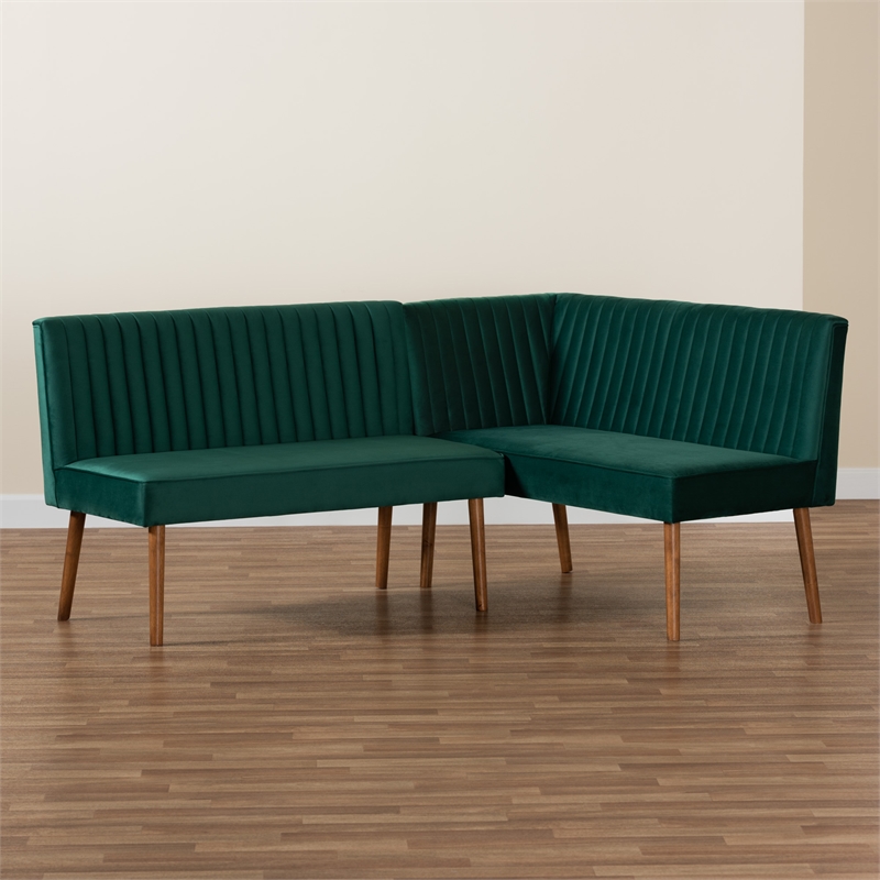 Baxton Studio Alvis Green Velvet and Brown Wood 2-Piece Dining Nook Set