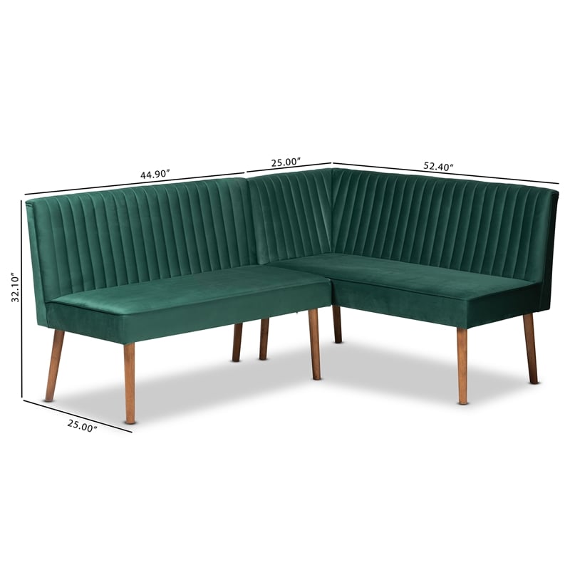 Baxton Studio Alvis Green Velvet and Brown Wood 2-Piece Dining Nook Set