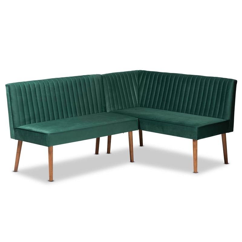 Baxton Studio Alvis Green Velvet and Brown Wood 2-Piece Dining Nook Set