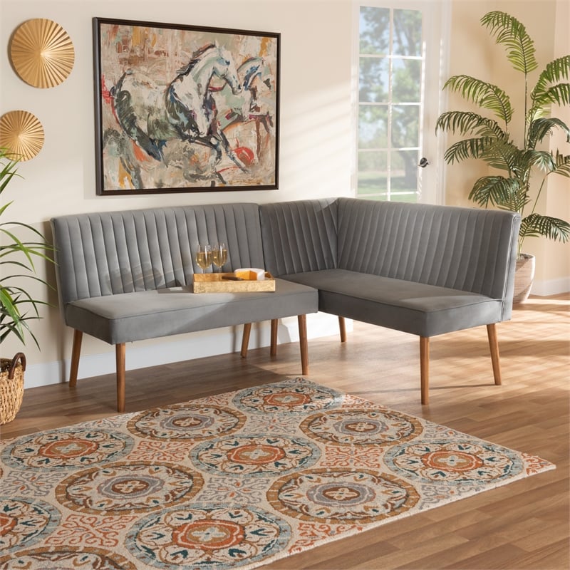 Baxton Studio Alvis Gray Velvet and Brown Wood 2-Piece Dining Nook Set