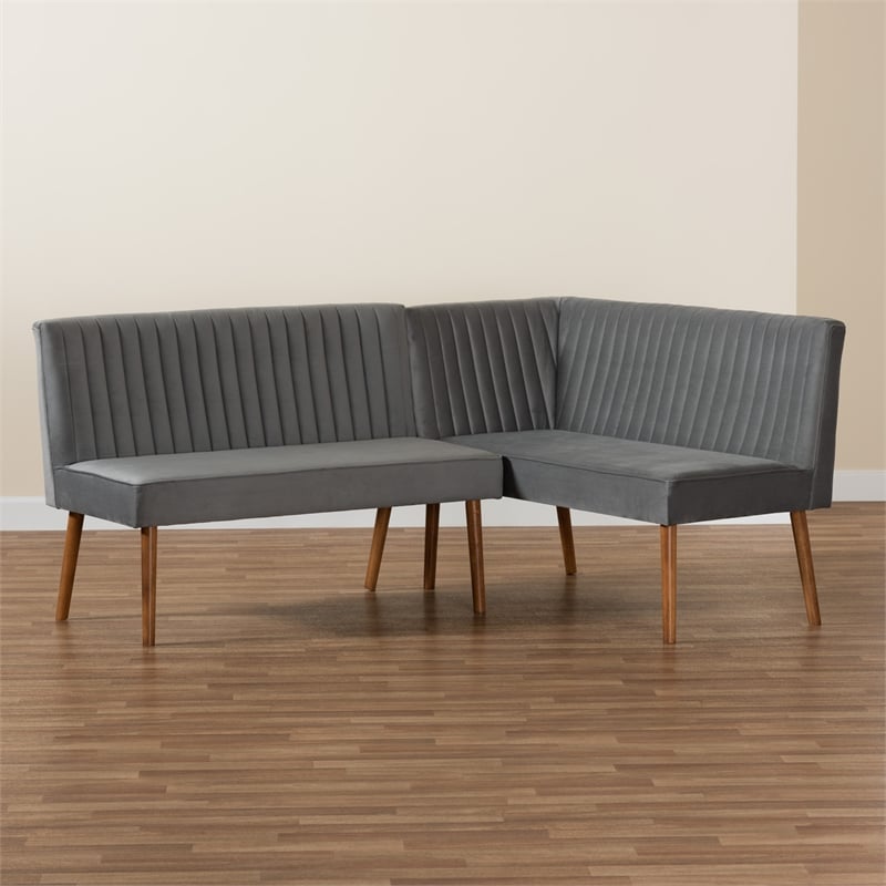 Baxton Studio Alvis Gray Velvet and Brown Wood 2-Piece Dining Nook Set