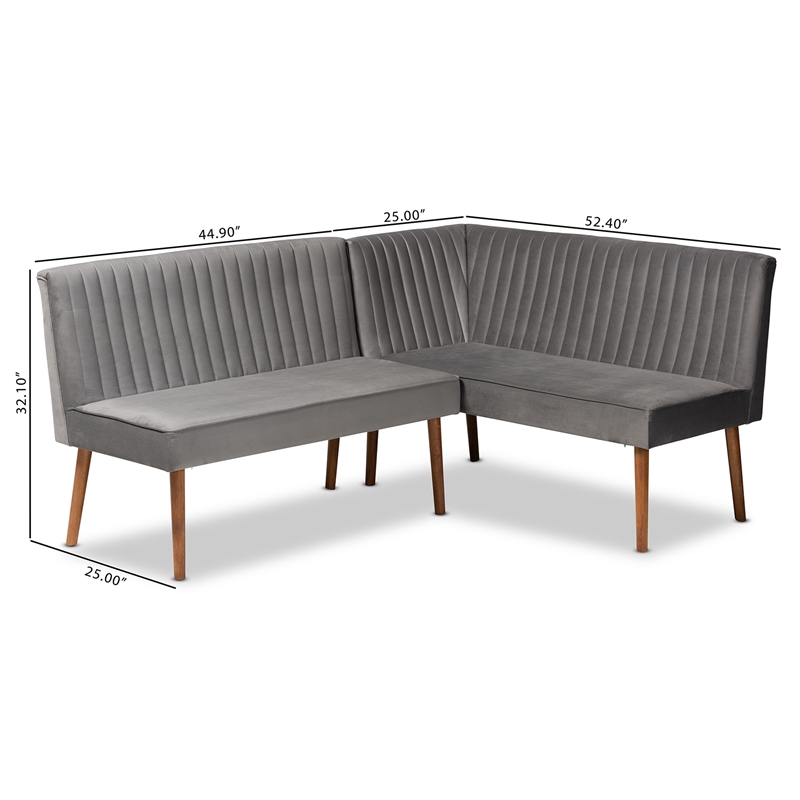Baxton Studio Alvis Gray Velvet and Brown Wood 2-Piece Dining Nook Set