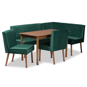 Baxton Studio Alvis Green Velvet and Brown Wood 5-Piece Dining Nook Set