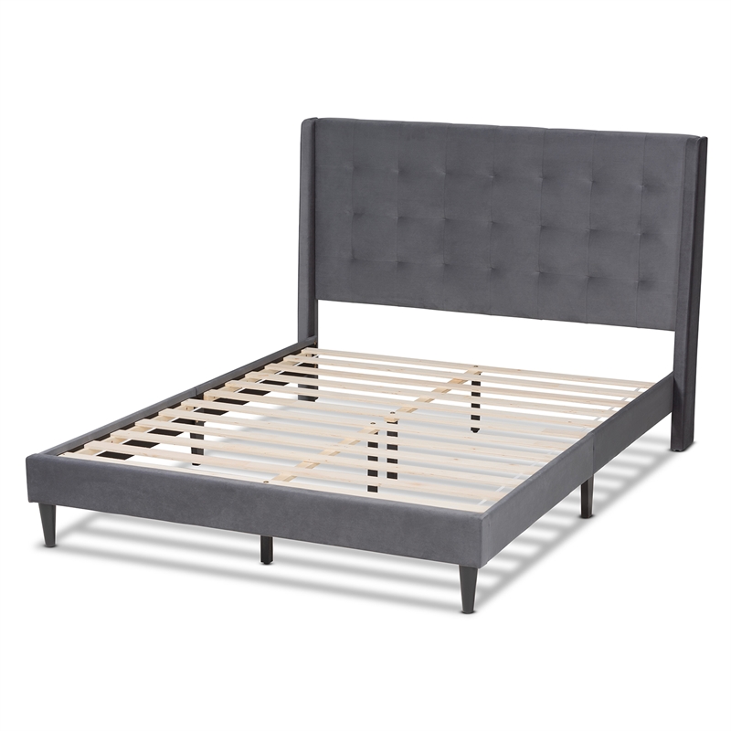 Baxton Studio Gothard Gray Velvet and Dark Brown Wood Queen Size Platform Bed