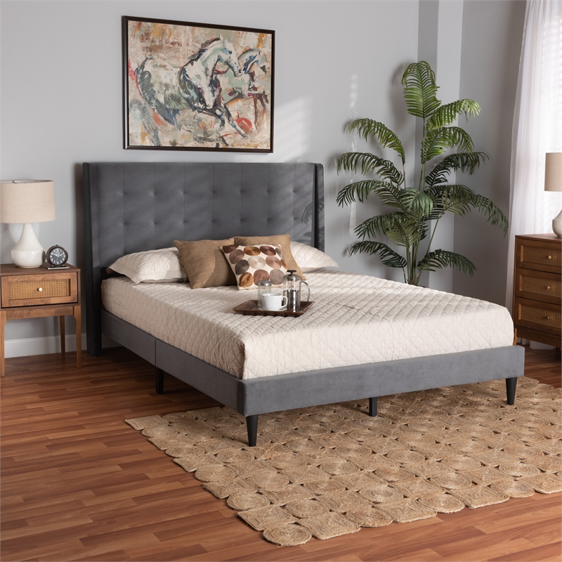 Baxton Studio Gothard Gray Velvet and Dark Brown Wood Queen Size Platform Bed