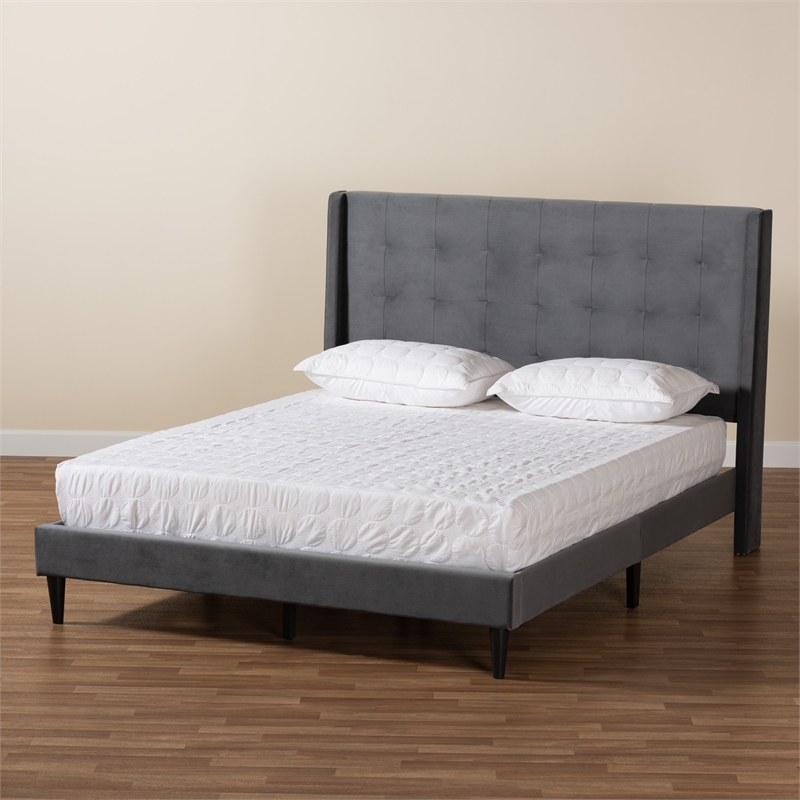Baxton Studio Gothard Gray Velvet and Dark Brown Wood Queen Size Platform Bed