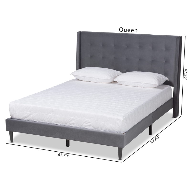 Baxton Studio Gothard Gray Velvet and Dark Brown Wood Queen Size Platform Bed