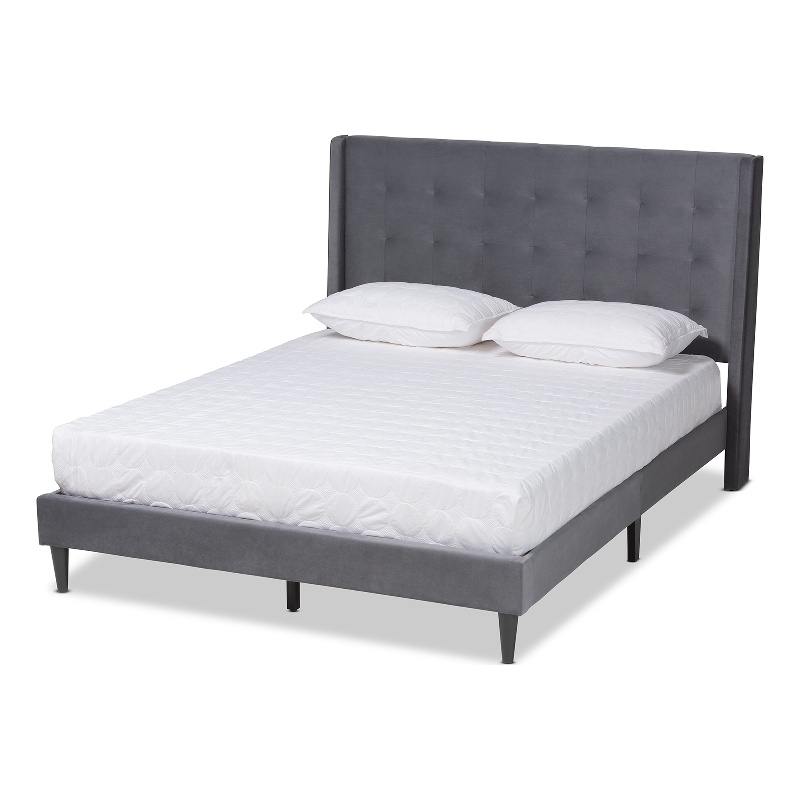 Baxton Studio Gothard Gray Velvet and Dark Brown Wood Queen Size Platform Bed