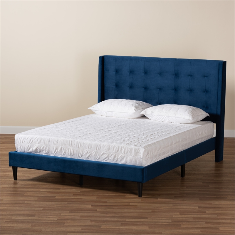 Baxton Studio Gothard Blue Velvet and Dark Brown Wood King Size Platform Bed