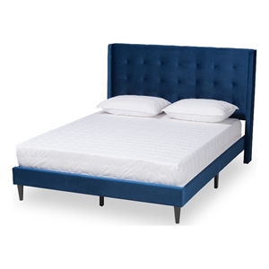 baxton studio gothard blue velvet and dark brown wood king size platform bed