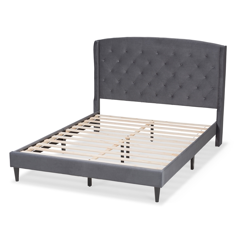 Baxton Studio Joanna Gray Velvet and Dark Brown Wood King Size Platform Bed