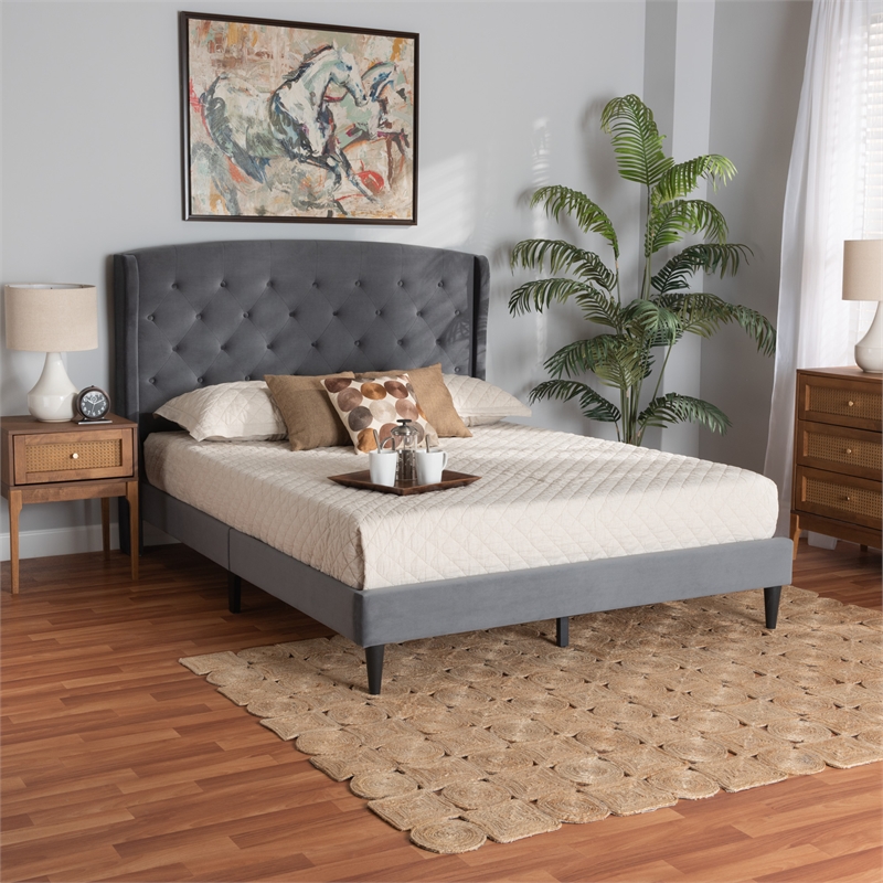 Baxton Studio Joanna Gray Velvet and Dark Brown Wood King Size Platform Bed