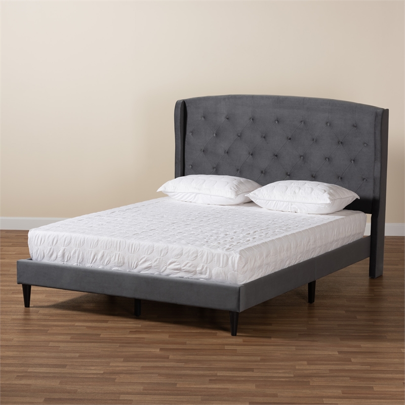 Baxton Studio Joanna Gray Velvet and Dark Brown Wood King Size Platform Bed