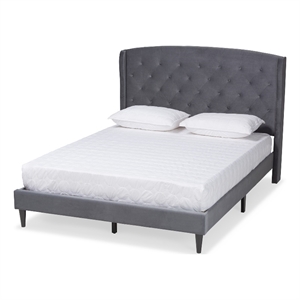 baxton studio joanna gray velvet and dark brown wood king size platform bed