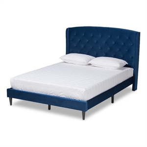 baxton studio joanna blue velvet and dark brown wood king size platform bed