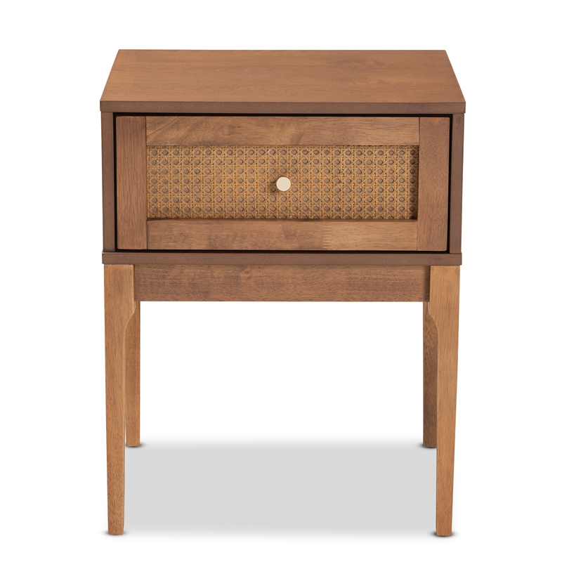 Baxton Studio Ramiel Ash Walnut Finished Wood and Rattan 1-Drawer Nightstand