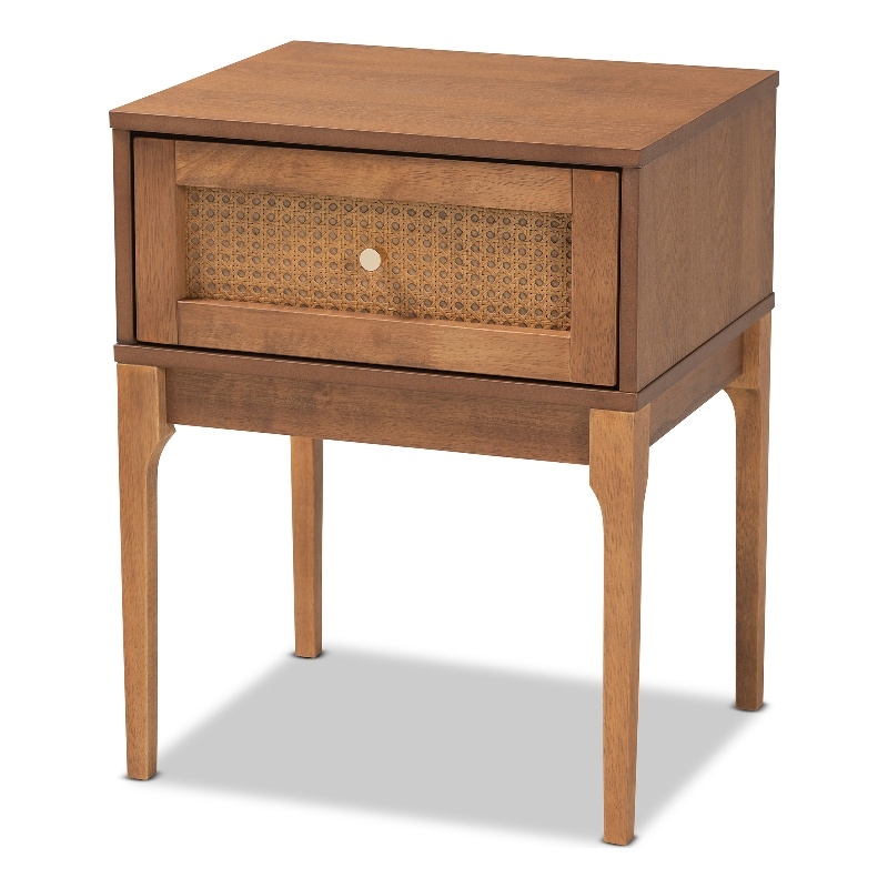 Baxton Studio Ramiel Ash Walnut Finished Wood and Rattan 1-Drawer Nightstand