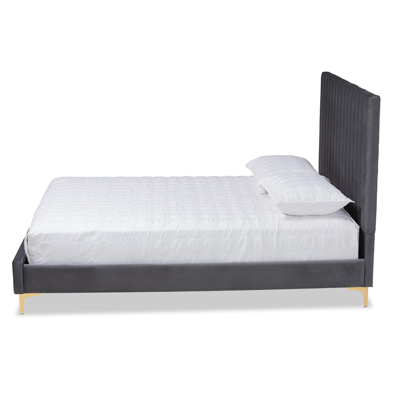 Baxton Studio Serrano Gray Velvet Fabric and Gold Metal Full Size Platform Bed