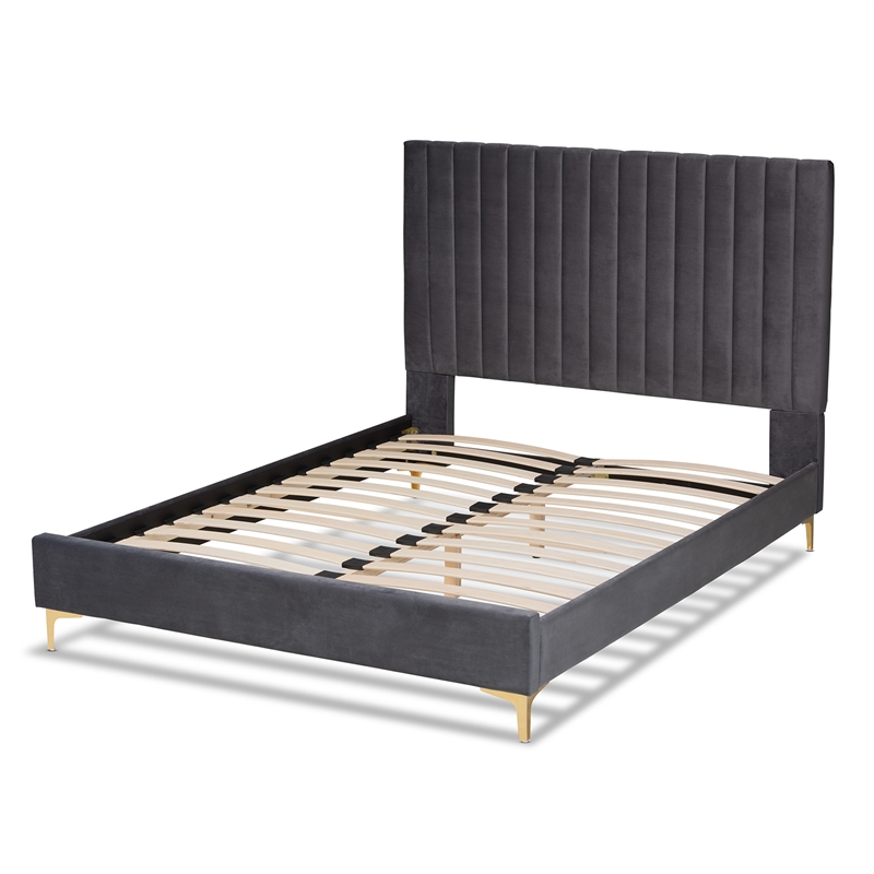 Baxton Studio Serrano Gray Velvet Fabric and Gold Metal Full Size Platform Bed