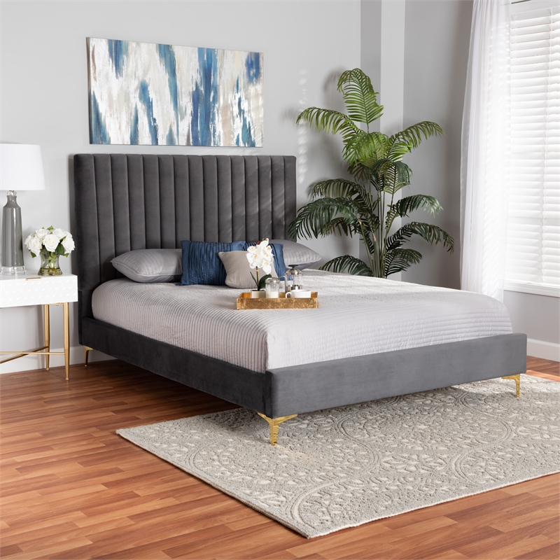 Baxton Studio Serrano Gray Velvet Fabric and Gold Metal Full Size Platform Bed